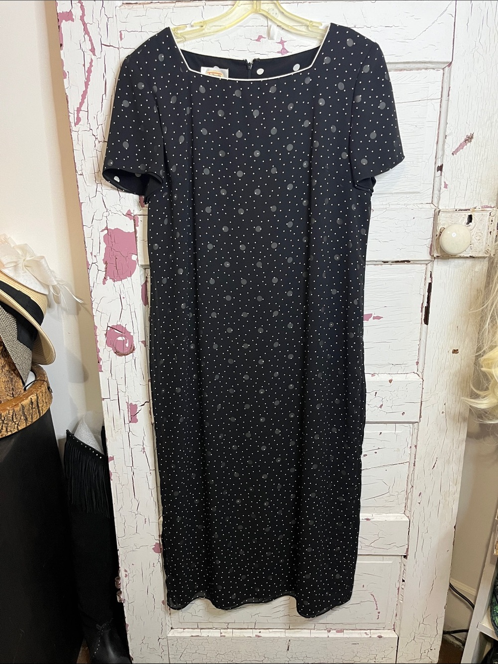 Talbots Black Polka Dot Midi Dress White Trim Double Layer Dots Zip Back Sz 14P